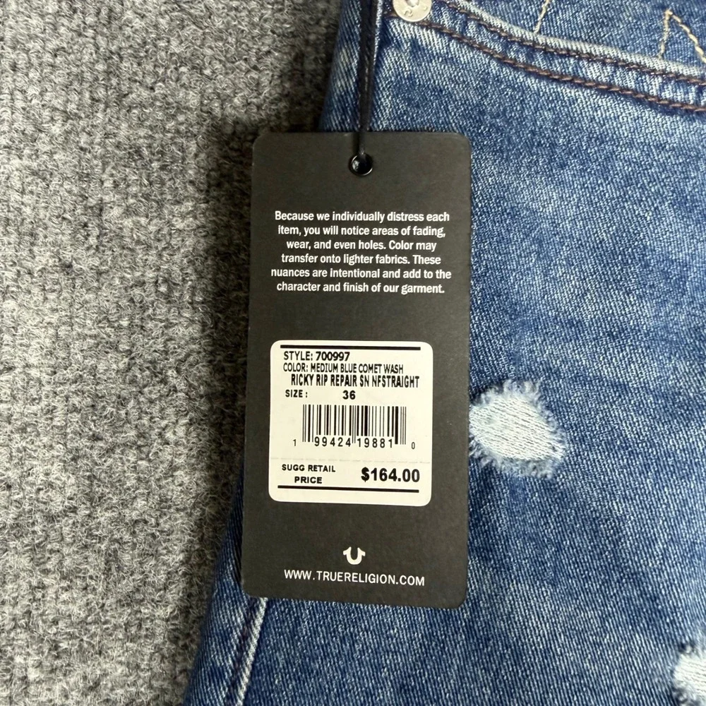 True Religion Ricky Relaxed Straight Jeans Medium Blue Comet Wash 36x34 700997